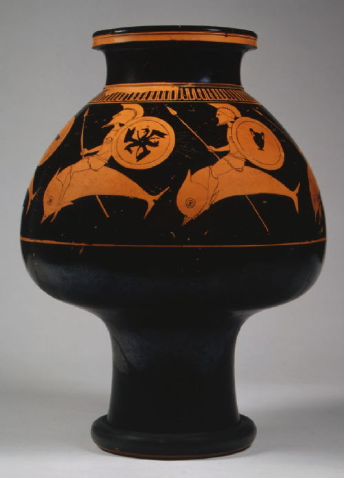 vase showing hoplites riding dolphins