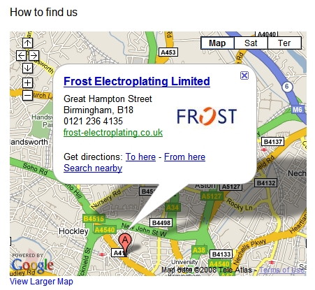 Location of Frost Electroplating in Birmingham