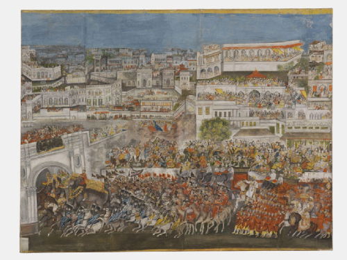 Panoramic painting in three sections, illuminated, Illustrating the state entry of Ghazi ud-Din Haidar (nawab 1814-1819; king 1819-1827) of Oudh passing through the crowded streets of Lucknow 